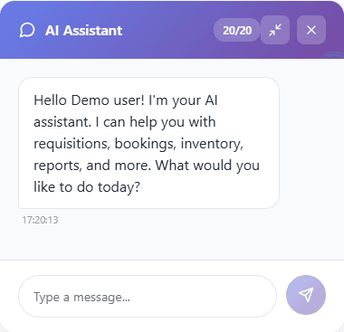 Actual AI Assistant chatbox with an anonymised welcome greeting, message field, and send control.