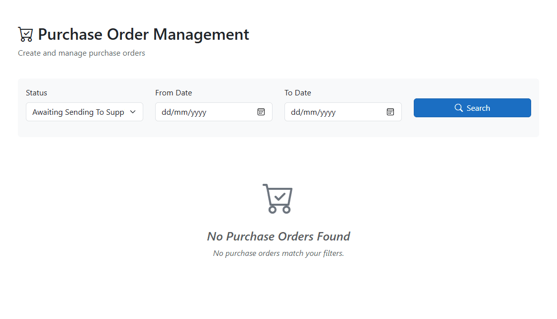 Purchase-order screen with status and date filters and a message that no orders match the filters.
