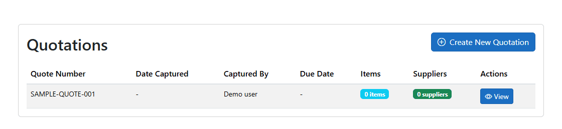 Quotation list showing a sample reference, item and supplier counts, and a View action.