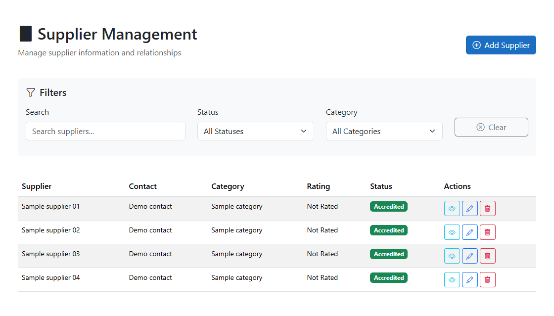 Supplier list with search, status and category filters, sample contacts, and record actions.
